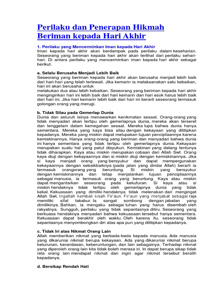 Perilaku Dan Penerapan Hikmah Beriman Kepada Hari Akhir