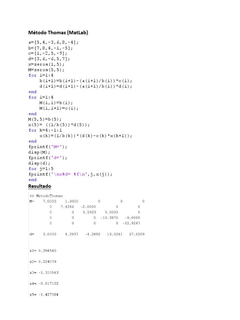 Método Thomas en MatLab: Ejemplo y Código | PDF | Informática