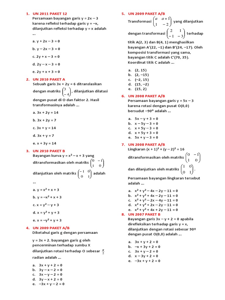 Soal Un Transformasi Geometri