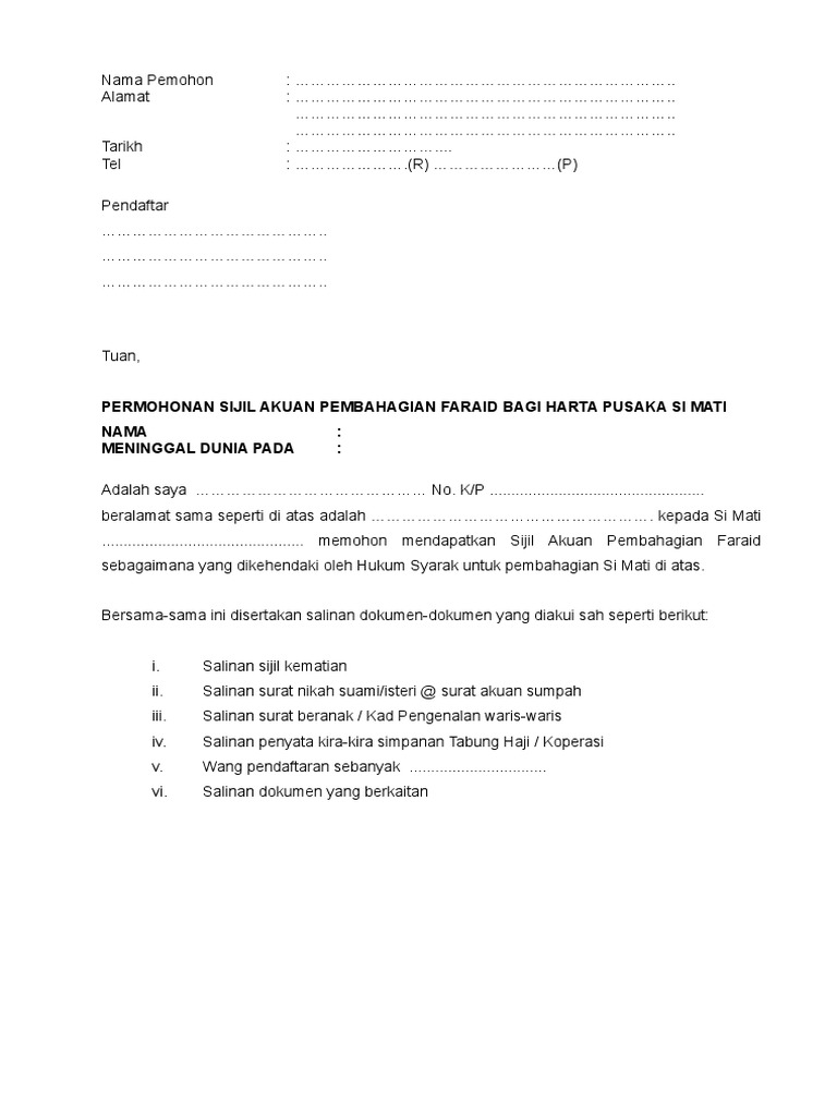A9 Permohonan Sijil Faraid Bagi Si Mati