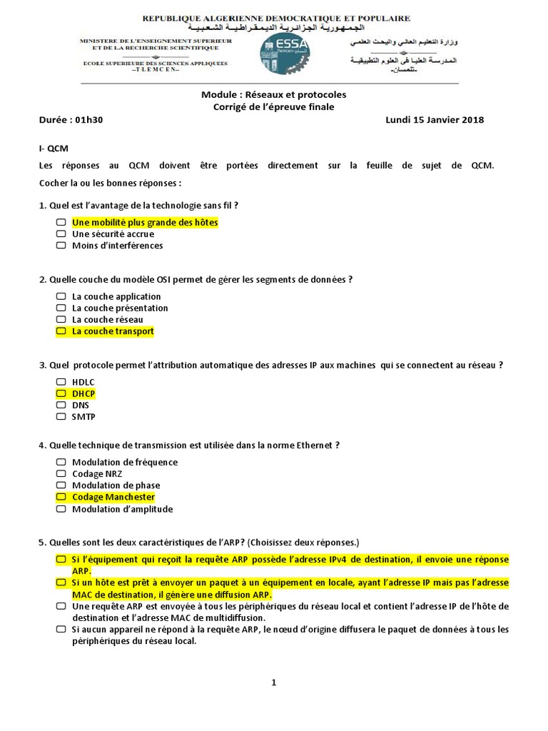 Exercice Corrigé Modele Osi Et Tcp/ip Pdf Corrige Epreuve Finale Reseau Protocoles 17 18 | PDF | Adresse IP | Réseau  informatique