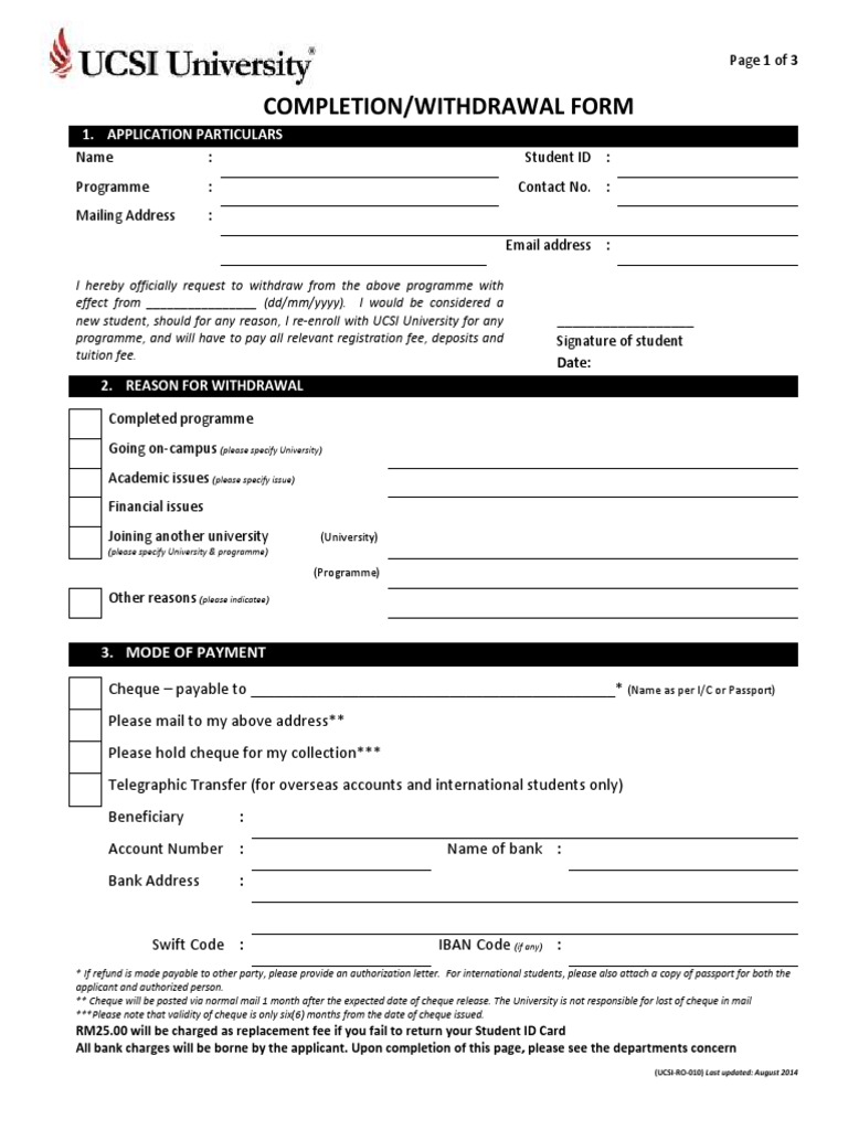 UCSI University Withdrawal Form | PDF | Cheque | Fee