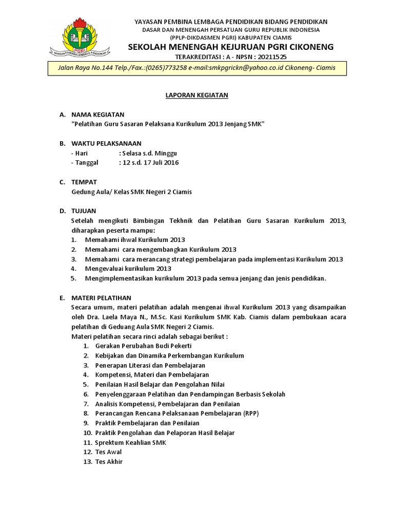 Laporan Pelatihan Guru Sasaran Kurikulum 2013 Seputaran Guru