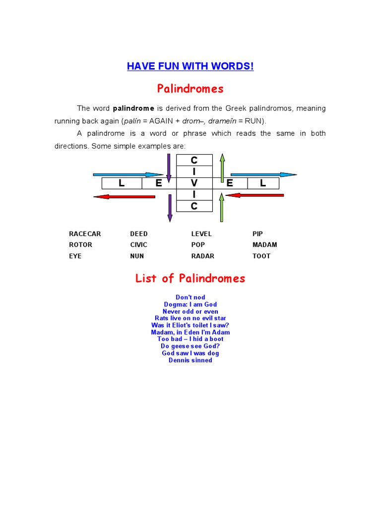 Palindrome Examples and Meanings | PDF