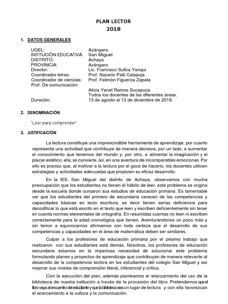 Plan Lector Pdf Lectura Proceso Libros