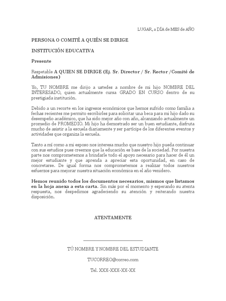 Formato de Carta Solicitud de Beca para Mi Hijo o Hija | PDF