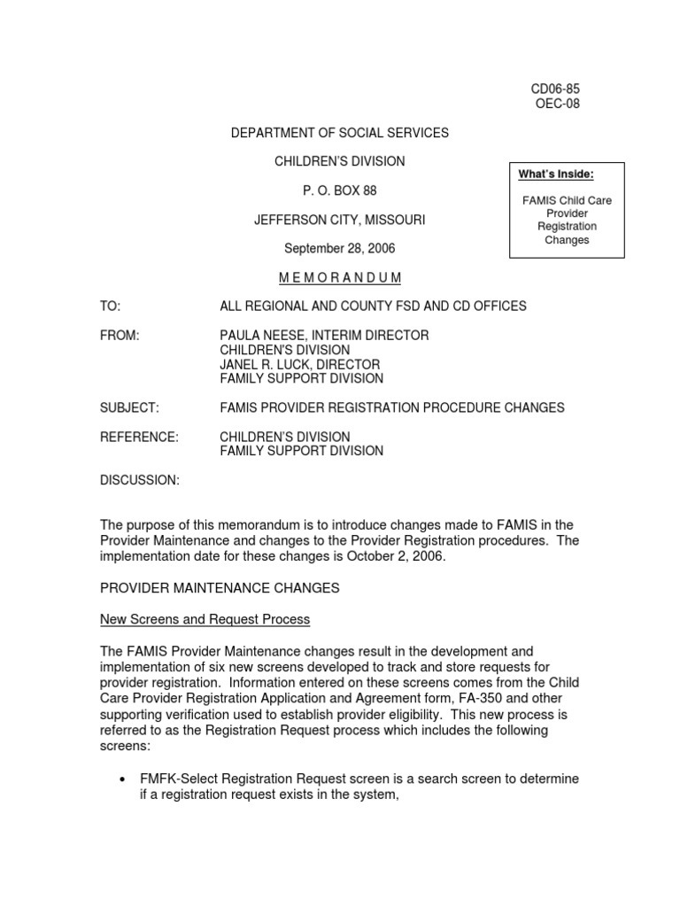 FAMIS Child Care Registration Updates | PDF | Child Care | Relationships