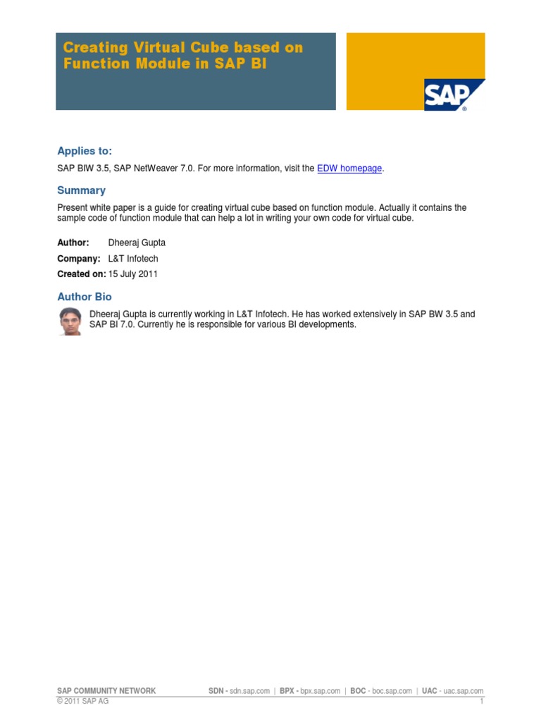 Creating Virtual Cube Based On Function Module in SAP BI | PDF ...