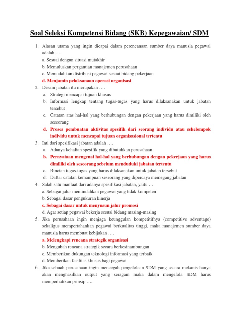 Soal Seleksi Kompetensi Bidang Skb Kepegawaian Sdm