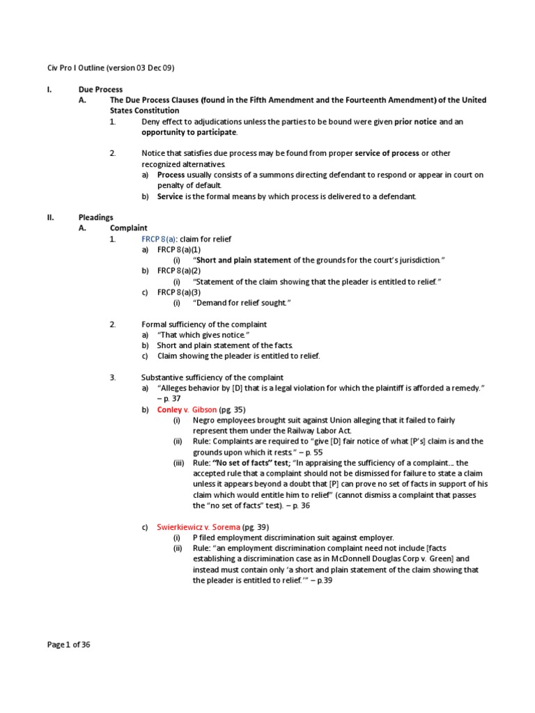 Civ Pro Outline PDF Federal Rules Of Civil Procedure Discovery (Law)
