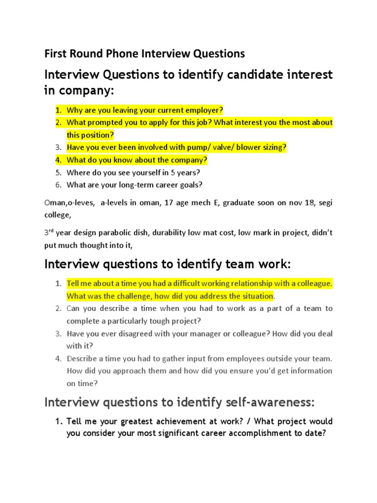 First Round Phone Interview Questions.docx | Cognition | Psychology ...