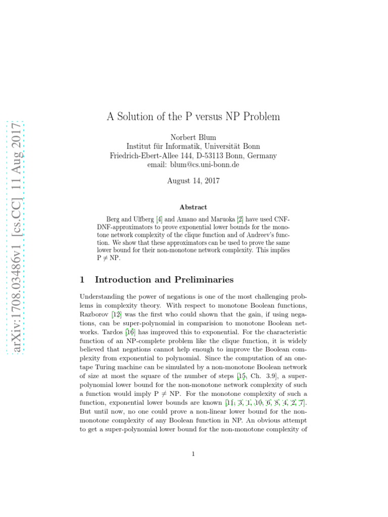 A Solution of The P Versus NP Problem PDF | PDF | Computational ...