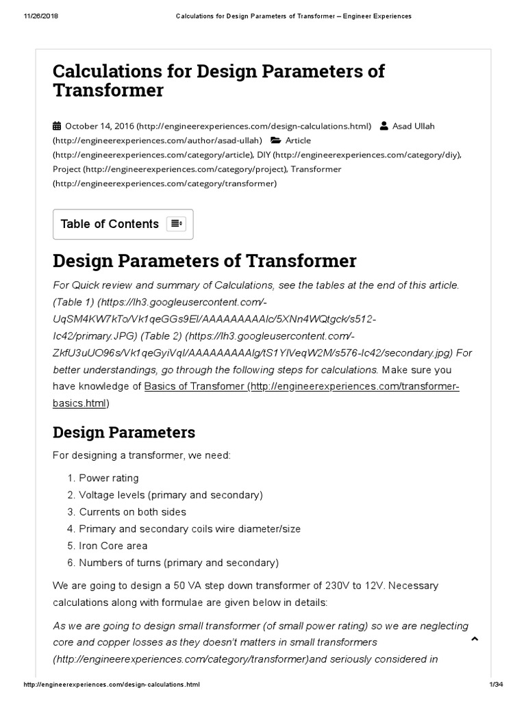Calculations for Design Parameters of Transformer Transformer
