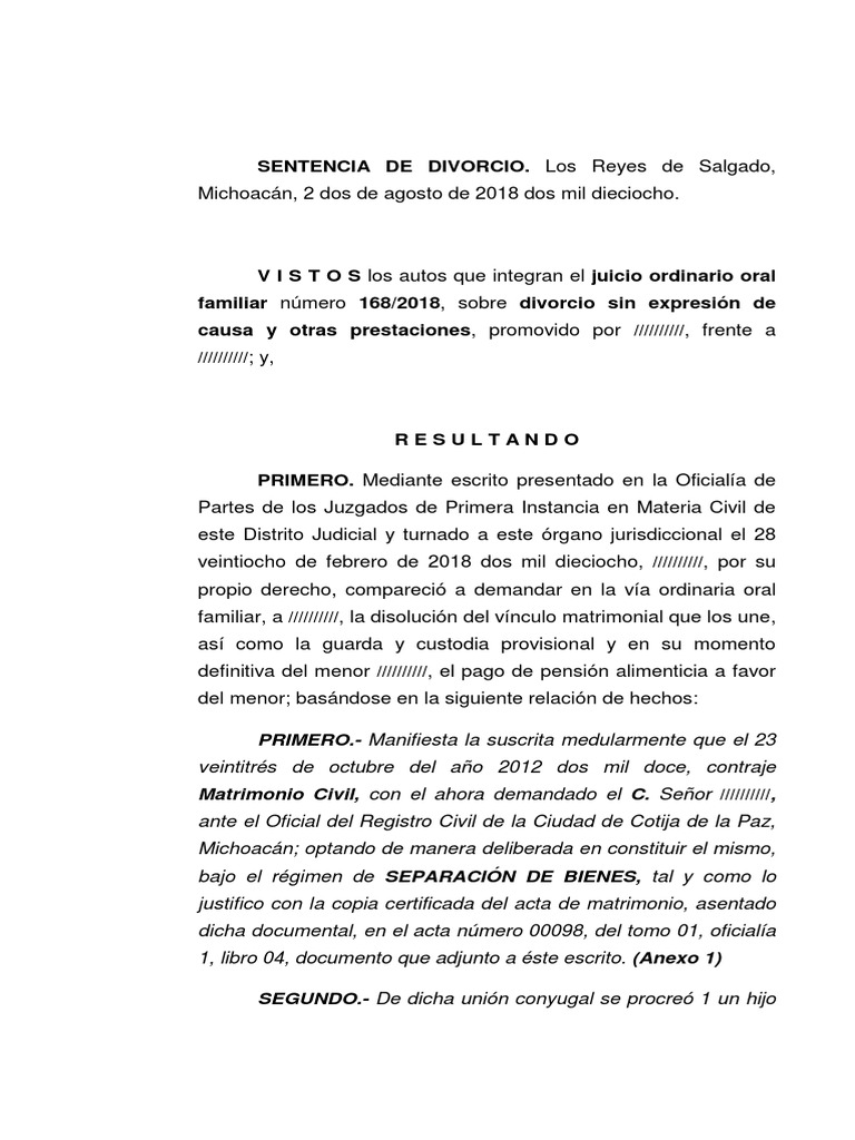 Sentencia Divorcio Sin Expresion de Causa en Michoacan | Manutención de ...