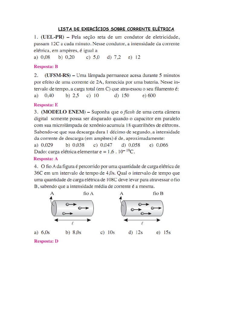 Exercícios Sobre Corrente Elétrica | PDF