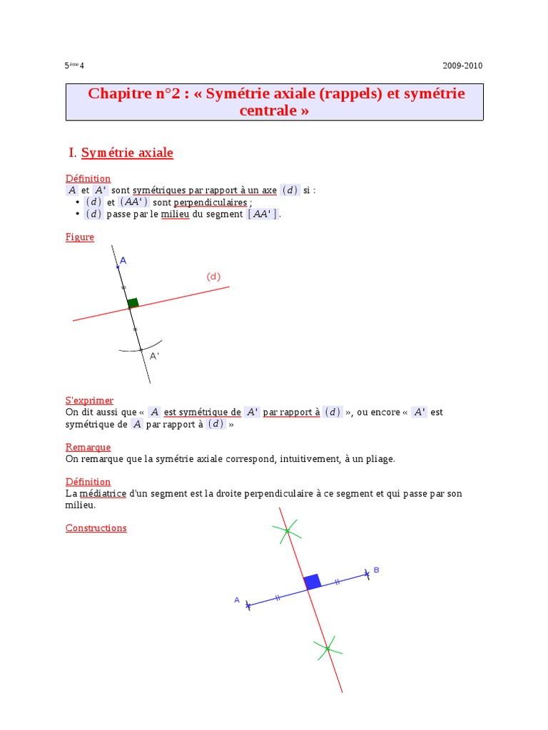 Symétrie Axiale Et Centrale 5ème Exercices Corrigés Cours Symetrie Centrale | PDF | Perpendicularité | Géométrie