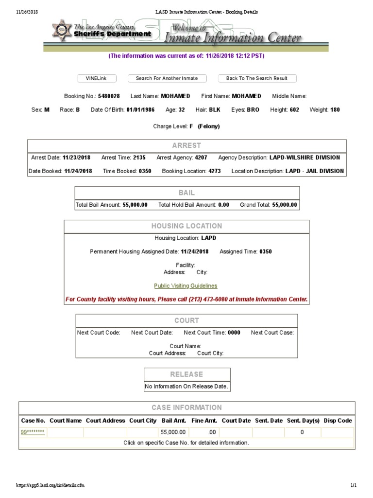 LASD Inmate Booking Details for Mohamed PDF Crime & Violence