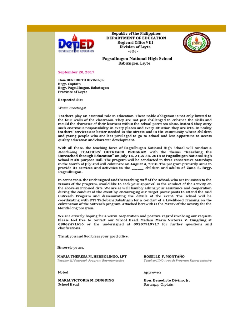 Letter of Request to Brgy. Captain Com Outreach Change Behavior