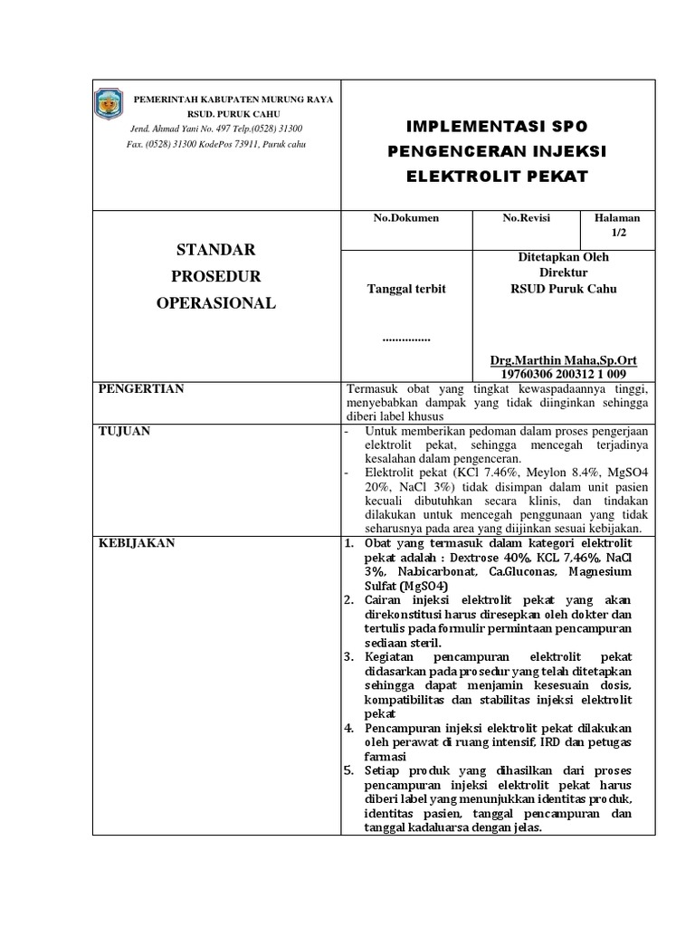 SPO Pengenceran Injeksi Elektrolit Pekat | PDF