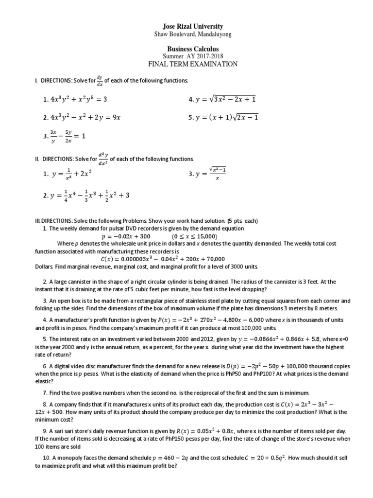 Business Calc Finals Summer 2017 2018 1 | PDF | Prices | Demand
