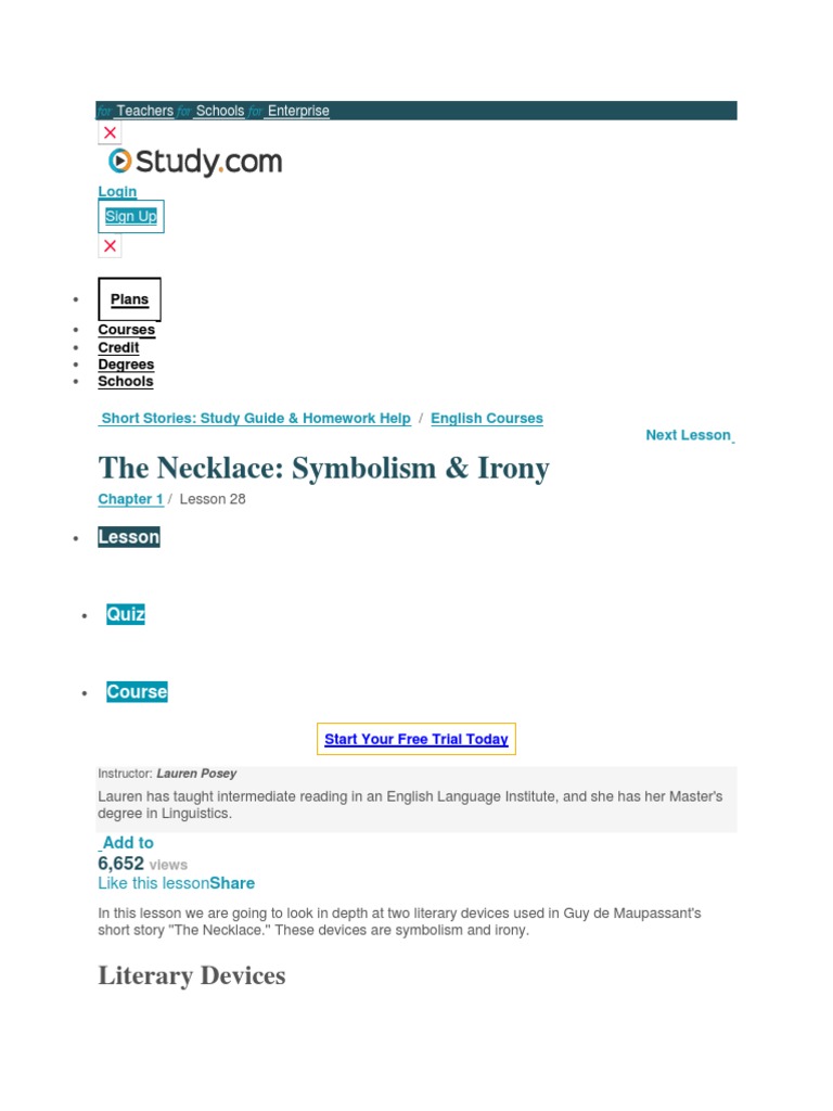 The Necklace Symbolism & Irony Literary Devices Download Free PDF