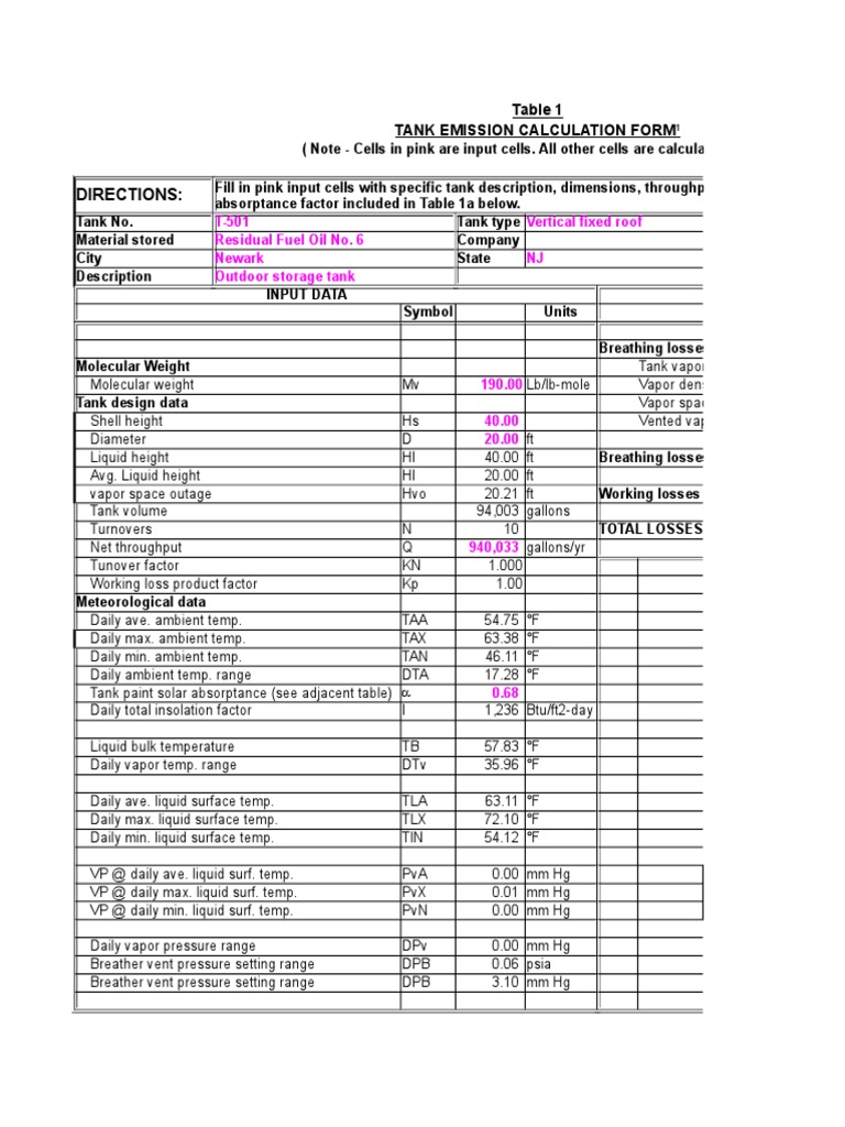 Tank Emission Calculation Form PDF Liquids Pressure