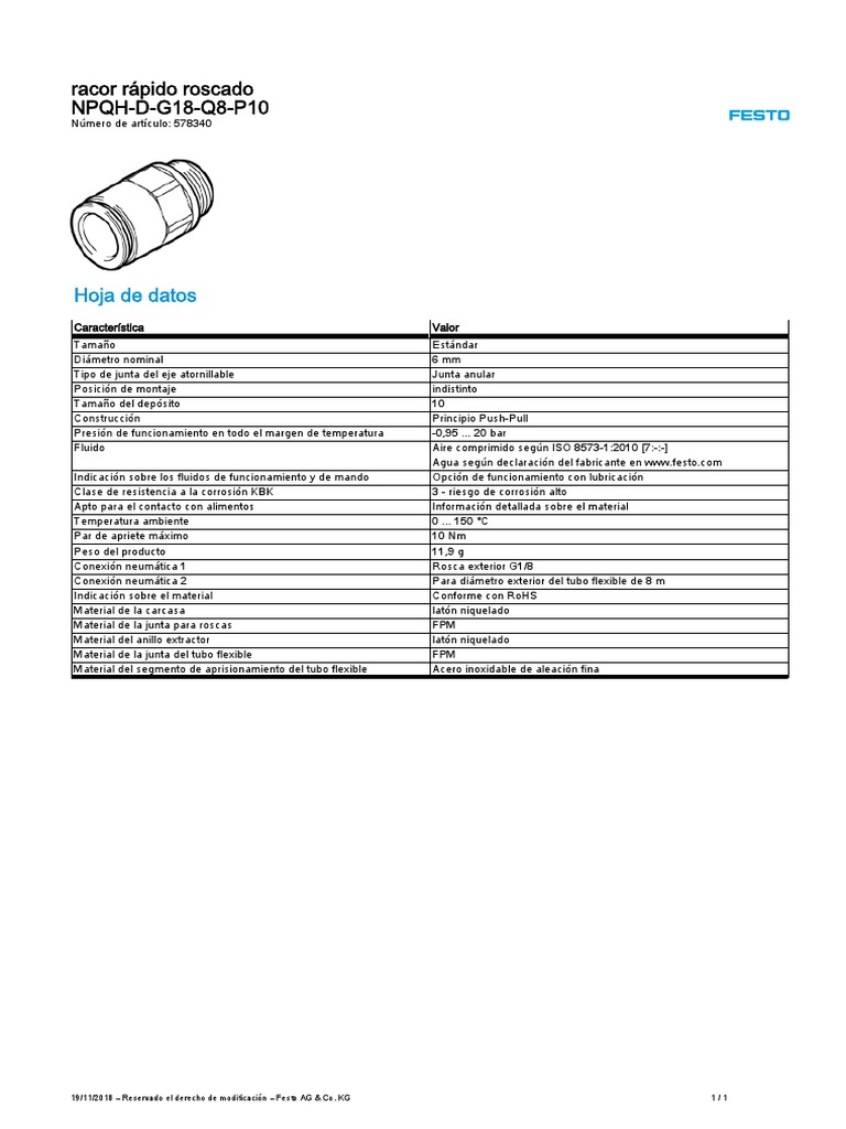 Racor Rápido NPQH-D-G18-Q8-P10 | PDF