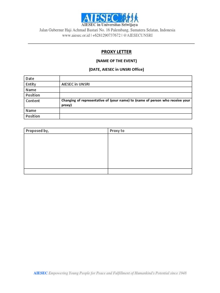 Proxy Letter: Date Entity Aiesec in Unsri Name Position Content Name ...
