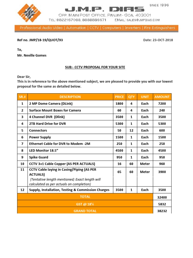 Quotation CCTV Closed Circuit Television Electrical Engineering