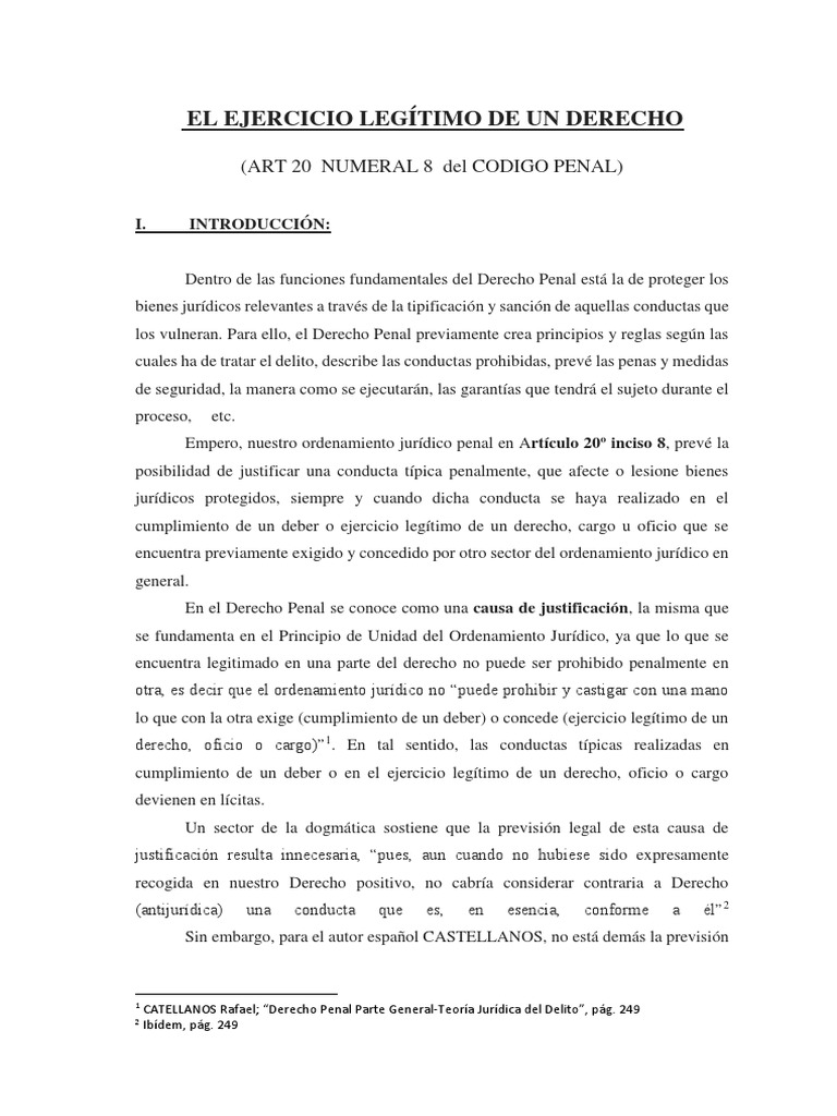 El Ejercicio Legítimo De Un Derecho (Art 20 Numeral 8 Del Codigo Penal) Derecho penal