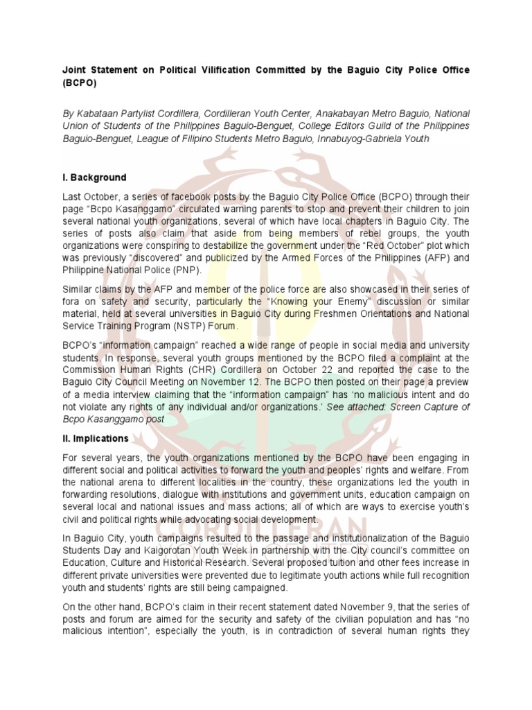 Baguio Police Political Vilification Statement | PDF | Defamation | Justice