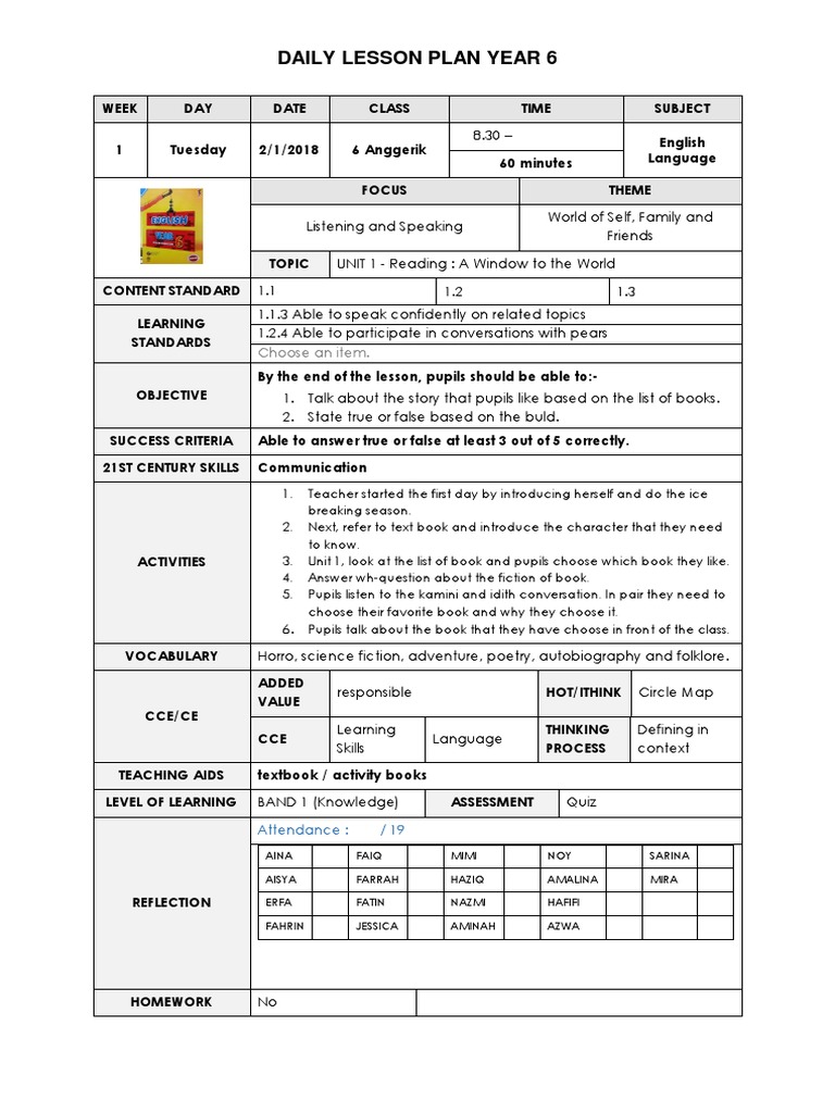 Daily Lesson Plan Year 6: Choose An Item | PDF | Lesson Plan | Question