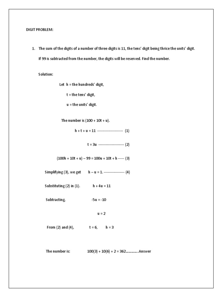 Digit Problem PDF Equations Algebra