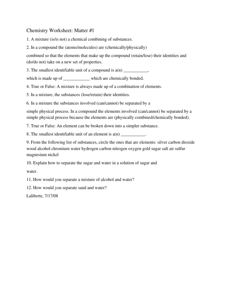 Chemistry Worksheet Matter 1 Answer Key Matter Unit Shop | It's Not