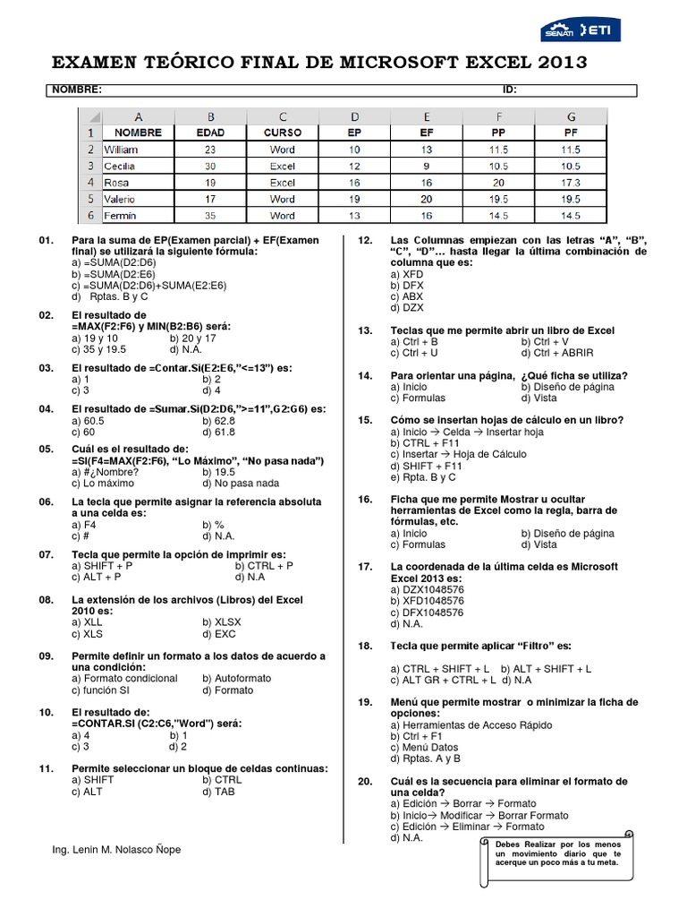 Examen Final Microsoft Excel 2013 | PDF | Suites de oficina | Software ...