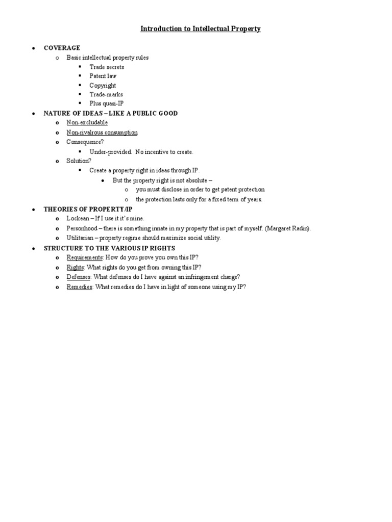 Intellectual Property - Outline | PDF | Patent | Trade Secret