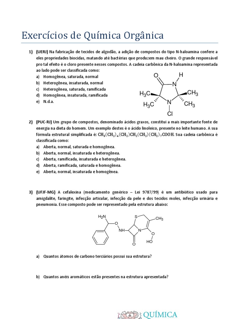 Exercicios de Quimica Organica | Benzeno | Carbono