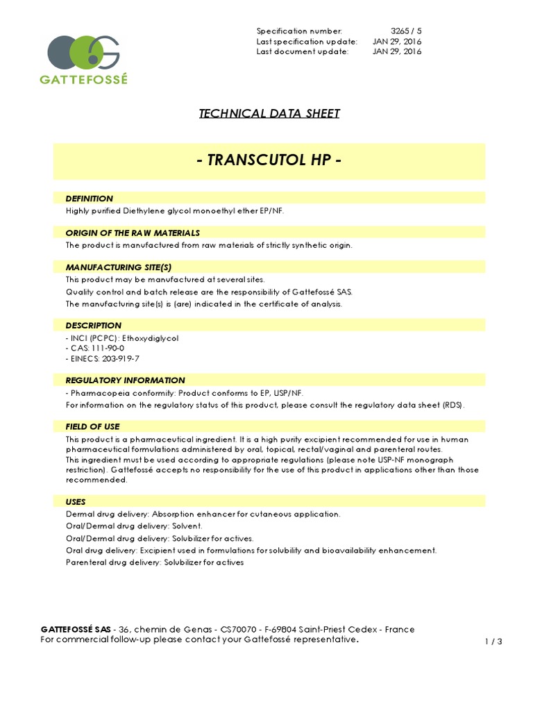 Transcutol HP - : Technical Data Sheet | PDF | Solubility ...