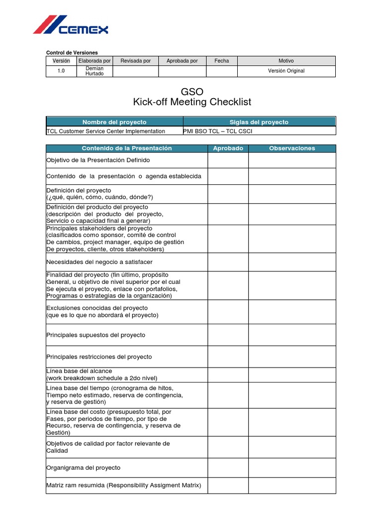 Checklist para Kick-off de Proyecto | PDF