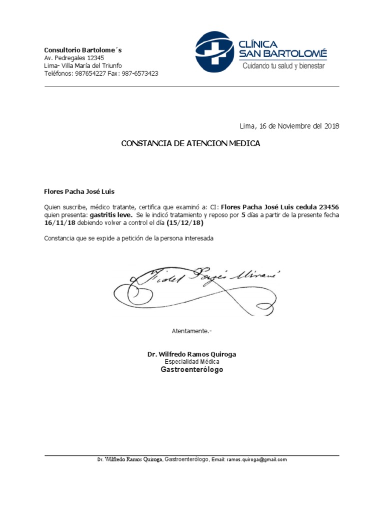 Constancia de Reposo Médico por Gastritis | PDF