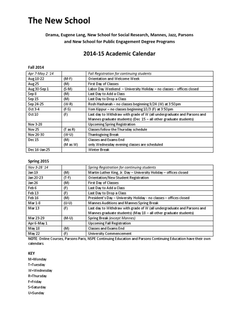 New School Academic Calendar >> The New School 2014 15 Academic Calendar New School Academic Calendar >> The New School 2014 15 Academic Calendar