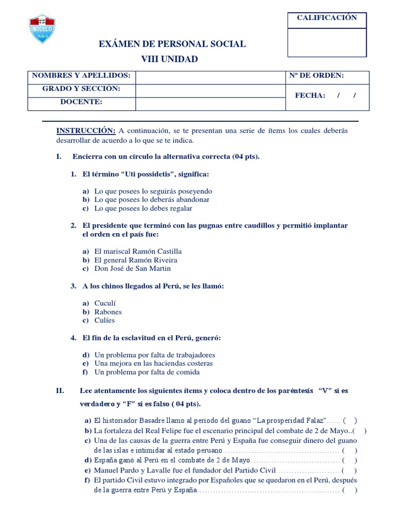 Examen de Personal Social | PDF | Perú | América del Sur