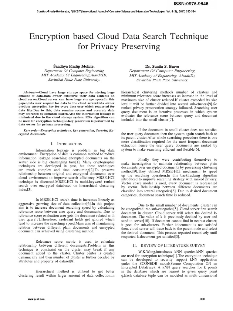 Privacy-Preserving Cloud Data Search | PDF | Key (Cryptography) | Cloud ...