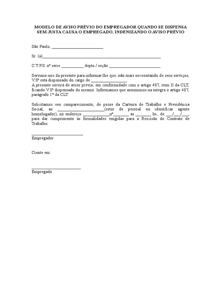 Modelo de Aviso Prvio Do Empregador Quando Se Dispensa Sem Justa Causa ...