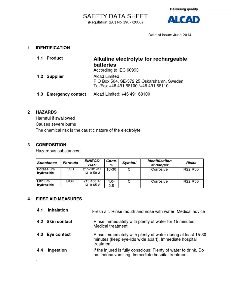 Alcad Alkaline Electrolyte SDS | PDF | Potassium | Diet & Nutrition