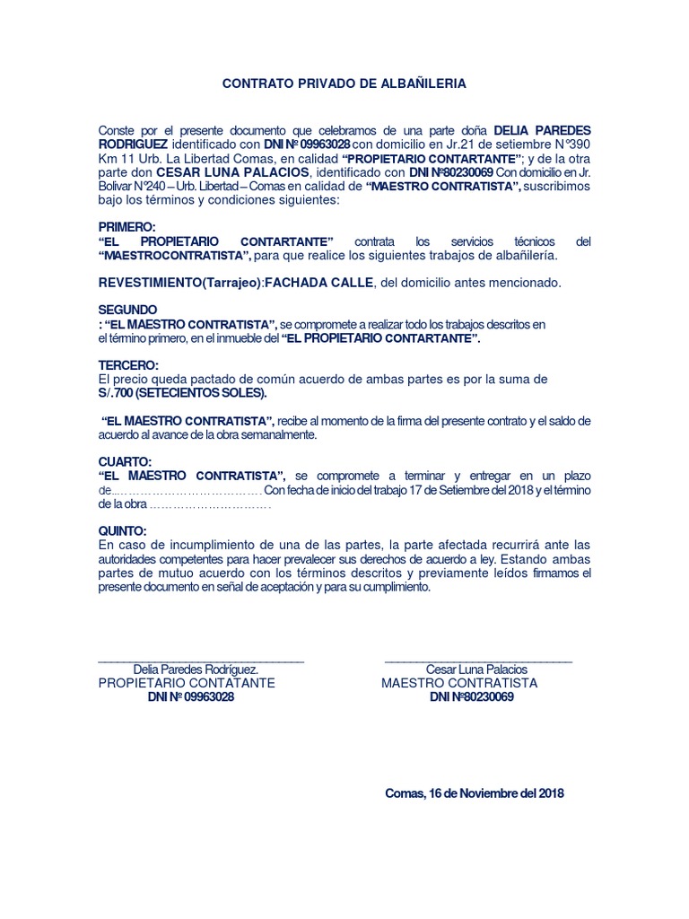Contrato Privado de Albañileria | PDF | Gobierno