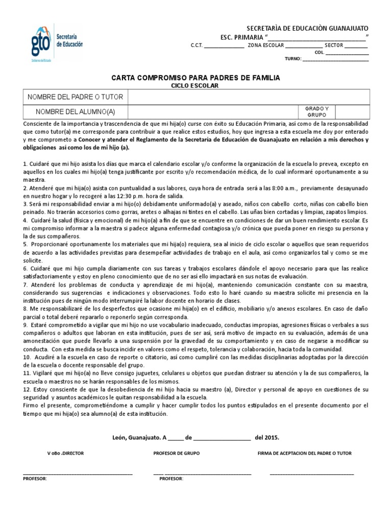 Carta Compromiso para Padres de Familia | PDF | Evaluación | Comportamiento