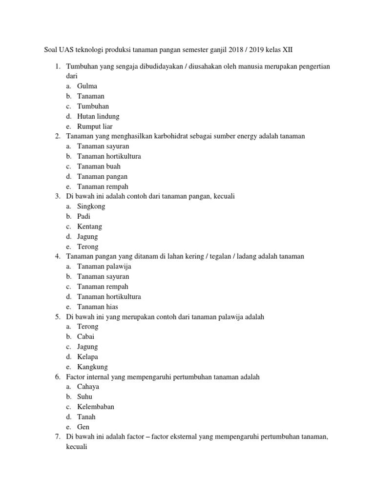 Soal  Uas  Agribisnis  Tanaman  Pangan Dan Palawija Semester   Soal  Uas  Agribisnis  Tanaman  Pangan Dan Palawija Semester