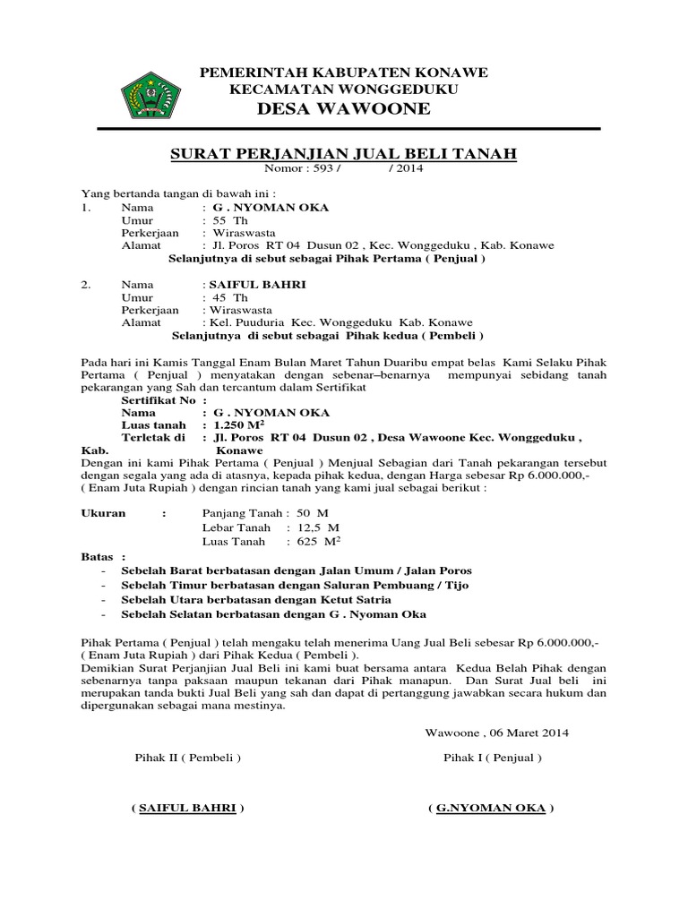 Surat Perjanjian Jual Beli Tanah
