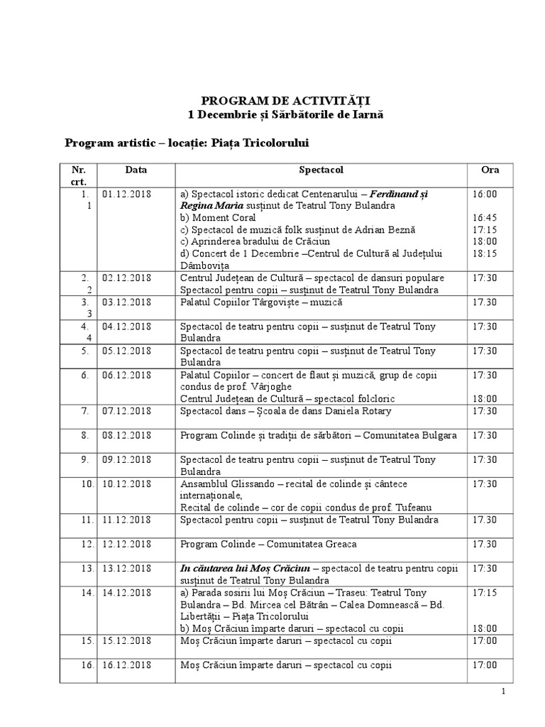 Program Activitati 1 Decembrie Si Sarbatori de Iarna, La Târgoviște | PDF